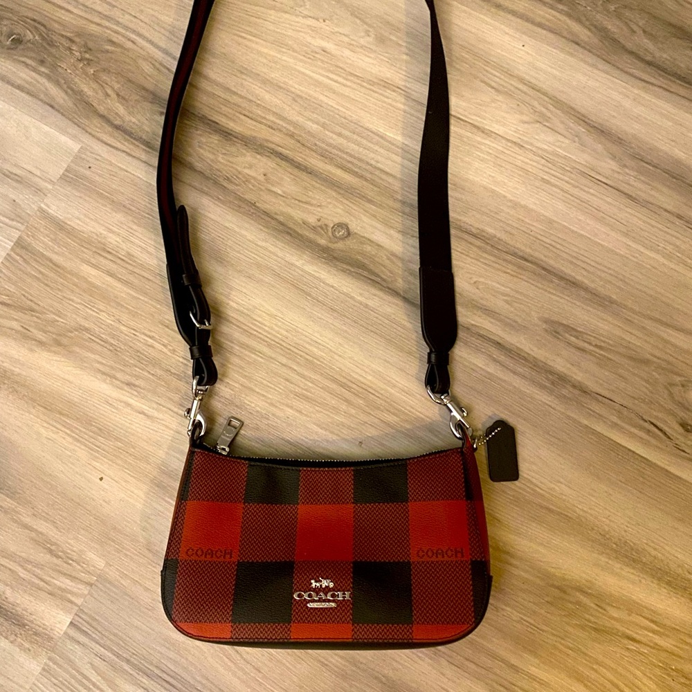 Coach Jes Baguette Crossbody Black/Red Buffalo Plaid Print